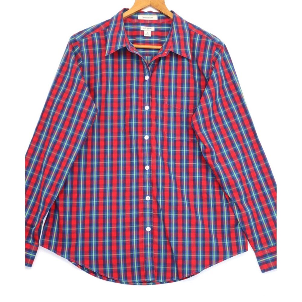 L.L.Bean Mens Wrinkle Free Plaid Long Sleeve Shirt M Red/Blue Check Cottagecore